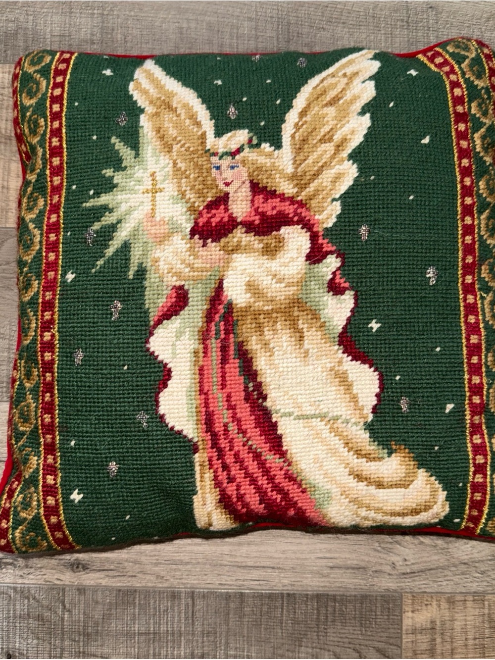 Vintage Holiday Angel Needlepoint Throw Pillow with velour back- Green & Red